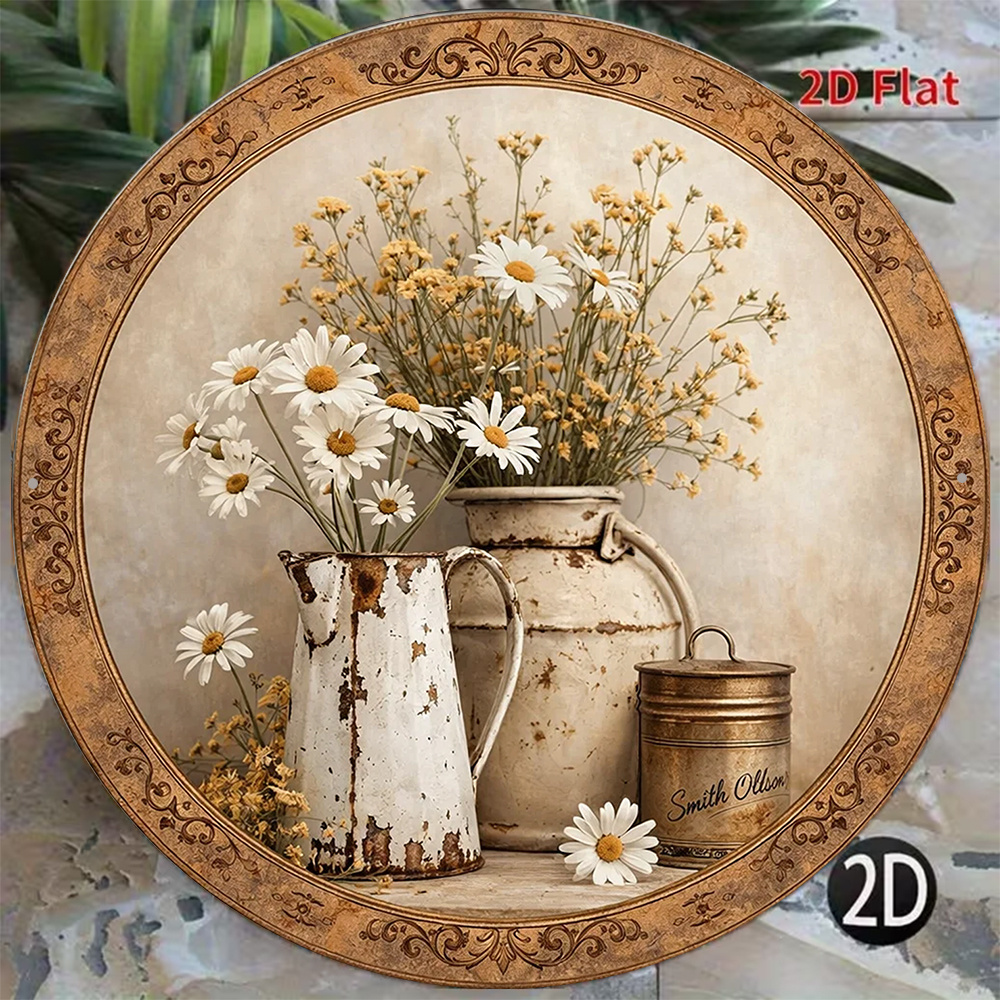 TEMU 2D Plat, 1pc 1pc 1pc Convient pour Décorer Panneau Rond Vintage Marguerite - 8X8In/20X20Cm Décoration Murale Rustique Ferme avec Art de Fleur de