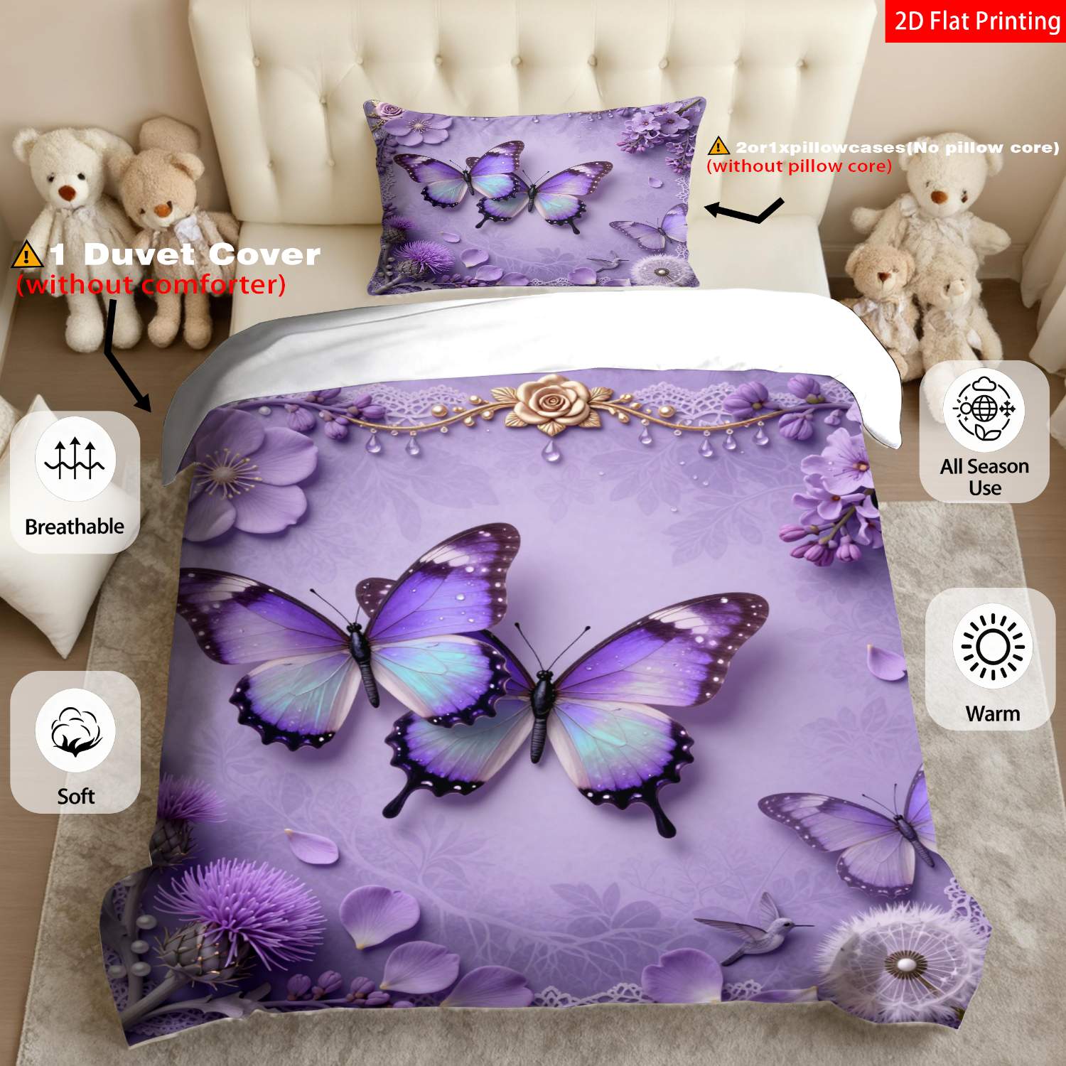 TEMU 2/3pcs 2d Flat Printing Bedding Purple Lavender Flower Pattern Dandelion Thistle Print For Bedroom Decor(1*duvet 1/2*pillowcases, Without Core),