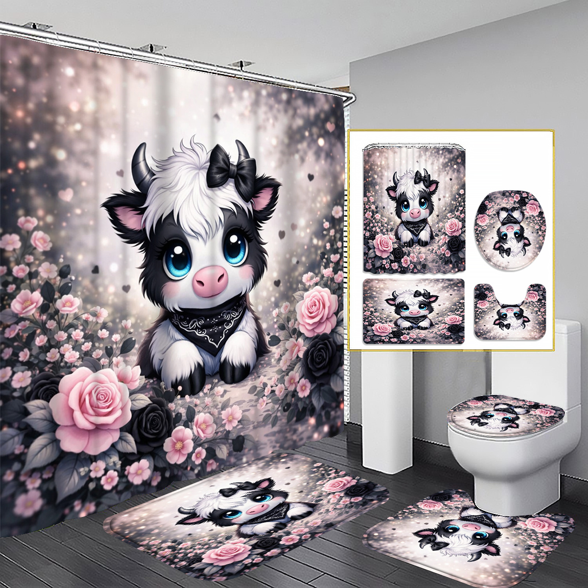 TEMU 2d Flat, 2d Flat 4pcs Adorable Cow Shower Curtain Set, Black - With Pink And Black Flowers Bathroom Decor, Accessories With Bath Mat, U-shaped