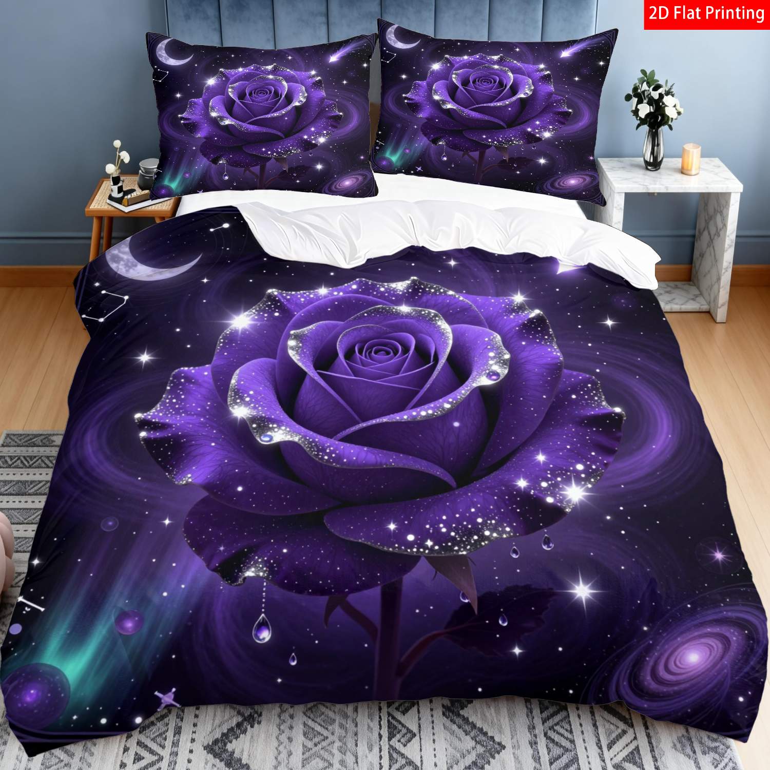 TEMU 2/3pcs 2d Flat Printing Modern Romantic Bedding | Purple Starry Rose Print With Moon & Constellation Design For Adult Bedroom Decor, Polyester,