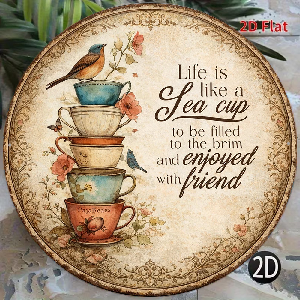 TEMU 2d Flat, 1pc, 2d Flat Round Wooden Sign, Vintage Plaque About "teacups And Friendship", Retro Floral Bird Teacup Stacking Inspirational Quote