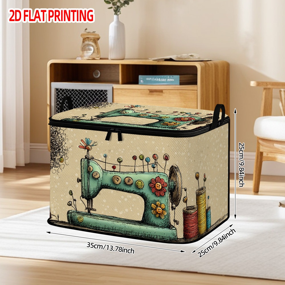 TEMU 1pc And Sewing Machine Pattern Storage Basket | Durable Polyester Rectangular Organizer With Lid, Sewing For Closet, Underbed, Shelf Baskets