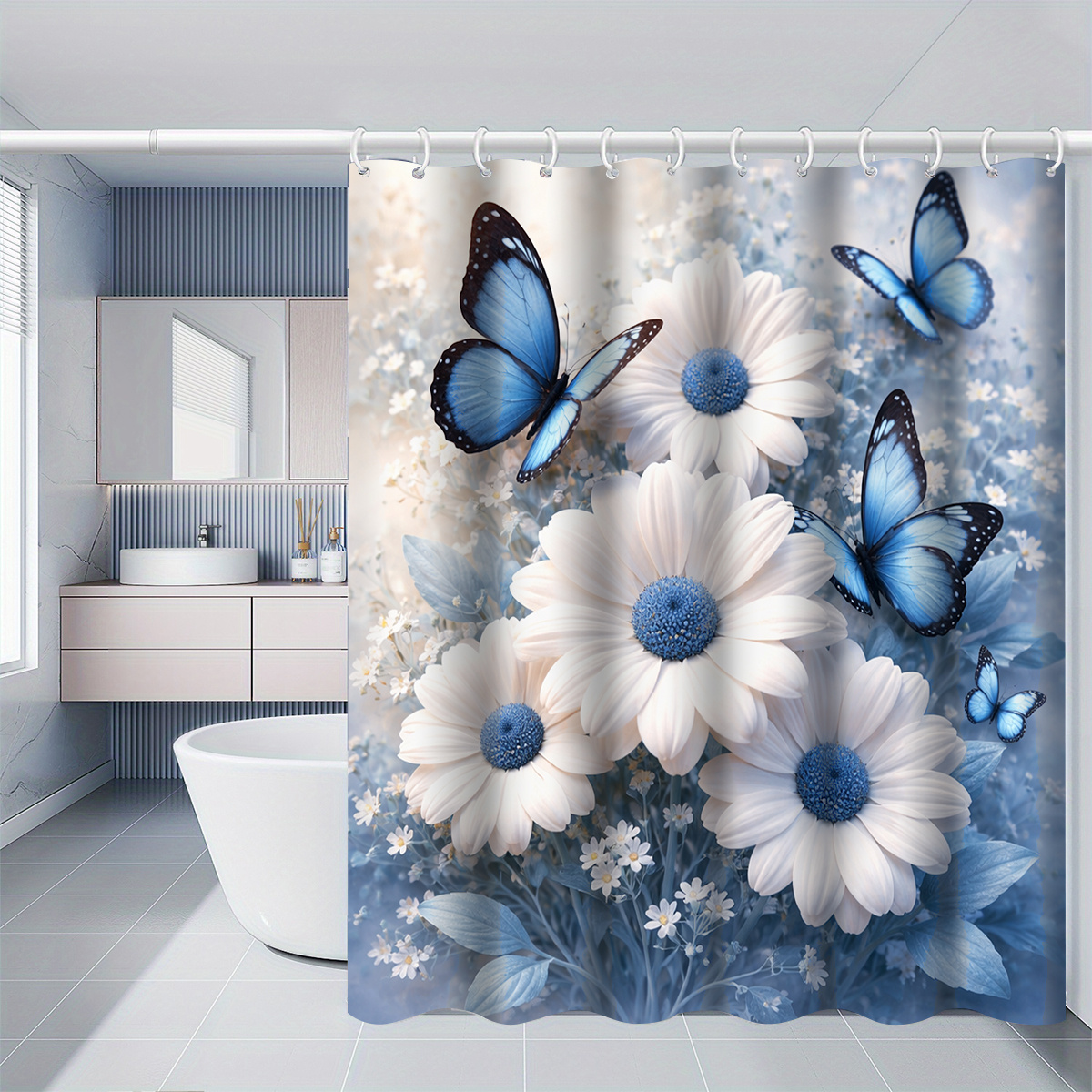 TEMU 1pc White Daisy Blue Shower Curtain, Bathroom Decor, Options (120x180cm, 150x180cm, 180x180cm, 180x200cm, 200x240cm), Includes Hooks, Bathroom