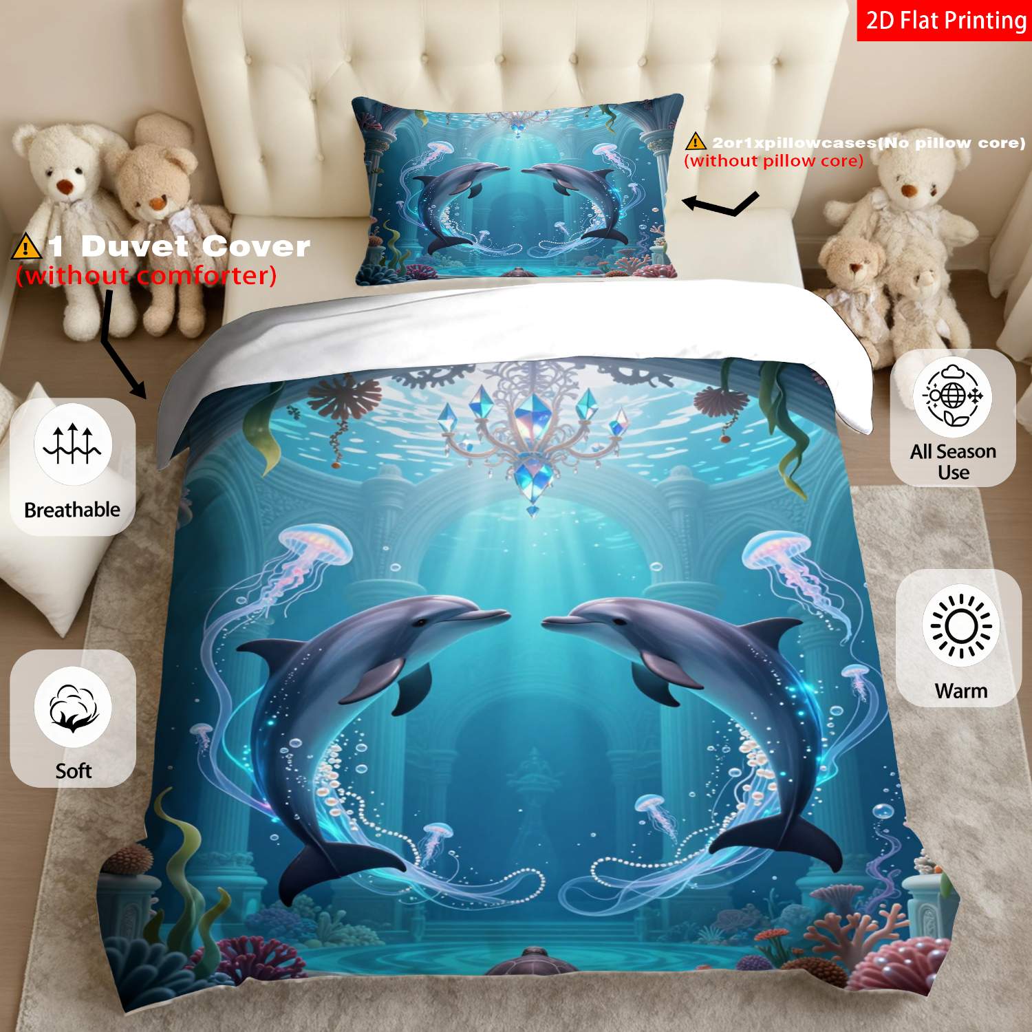 TEMU 2/3pcs 2d Flat Printing Modern Bedding Blue Ocean Theme With , Jellyfish & Print For Bedroom Decor(1*duvet 1/2*pillowcases, Without Core)