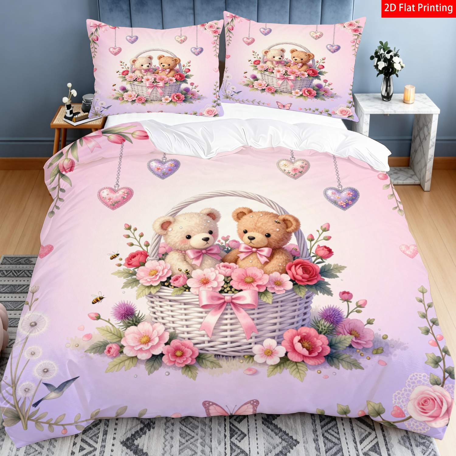 TEMU 2/3pcs 2d Flat Printing Themed Bedding Pink With Bear Basket, Heart, & Flower Print For Bedroom Decor(1*duvet 1/2*pillowcases, Without Core), 2d