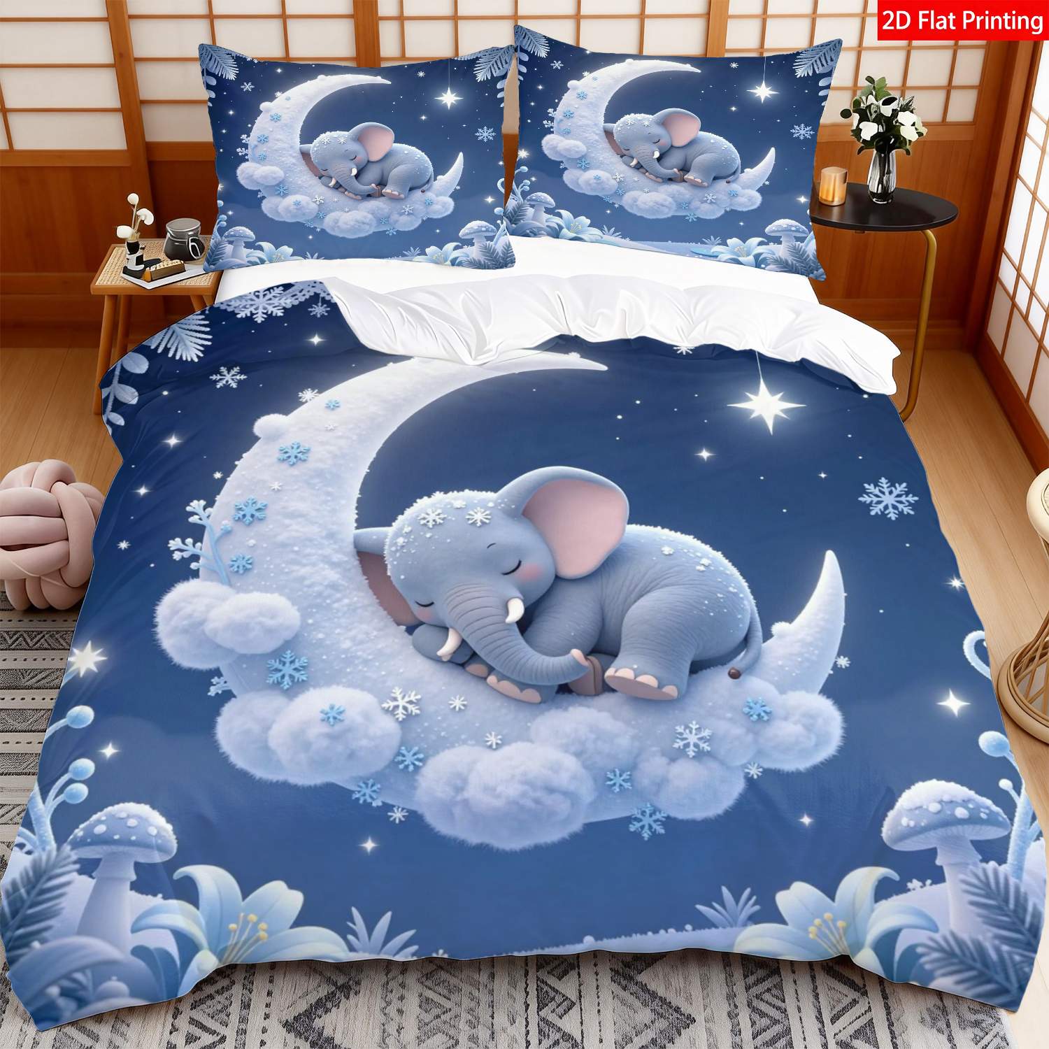 TEMU 2pcs/3pcs Latacaca Bedding Suitable For - Bedspread With Elephant Print Duvet Cover & Pillowcases, Blue Snowflake Elephant Themed Bed Sheets,