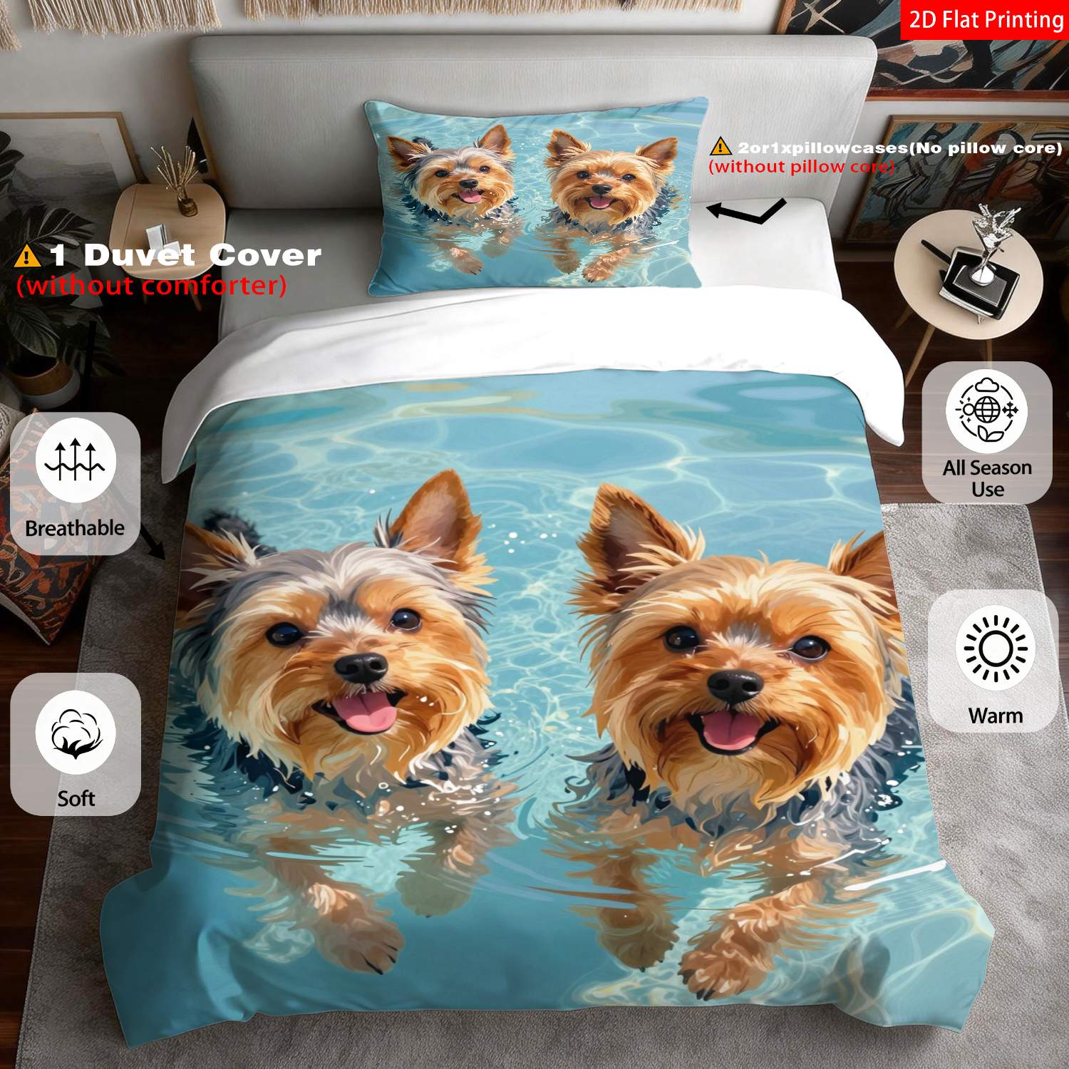 TEMU 2/3pcs 2d Flat Printing Modern Minimalist Pet-themed Bedding Blue Watercolor Yorkie Dog Print For Bedroom Decor(1*duvet 1/2*pillowcases, Without