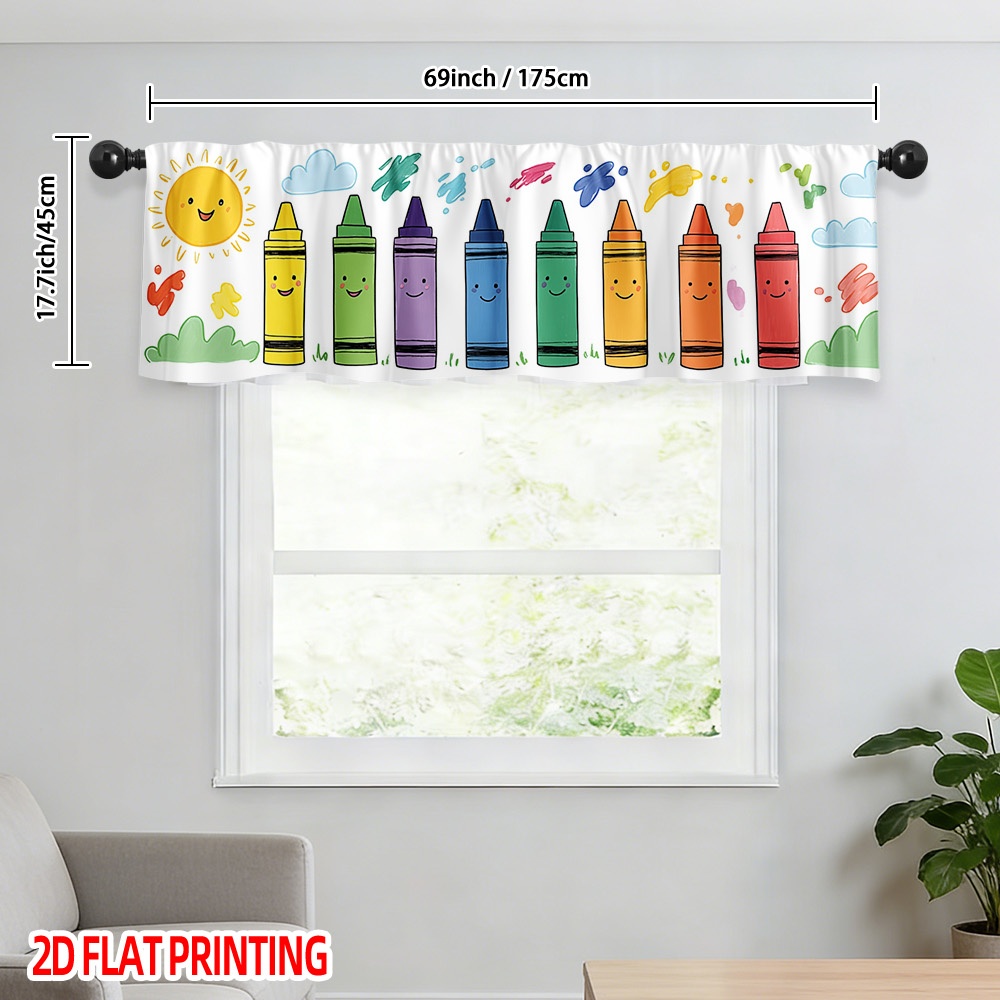 TEMU 2d Flat, 1-panel Smiling Crayon Valance Curtain Panel - Semi-sheer Short Window Valance With Smiling Crayon Print, Rod Suitable For Kitchen,,