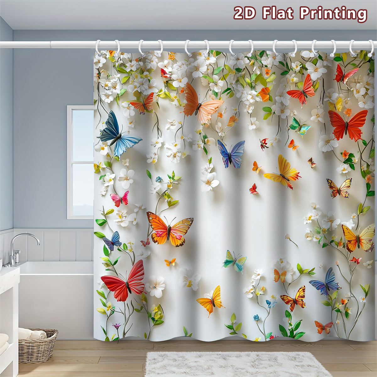 TEMU 2d Flat, 1pc 2d Colorful Butterflies And White Flowers Shower Curtain, Bathroom Decor, Options (120x180cm, 150x180cm, 180x180cm, 180x200cm,