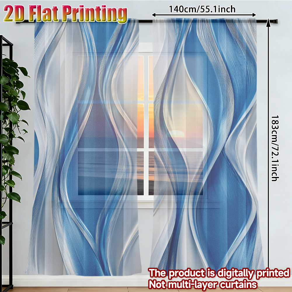 TEMU 2d Flat, 2pcs, 2d Flat, Blue And White Wavy Modern Sheer Curtains, Perfect For Bedrooms, Kitchens, Study Rooms, And Living Rooms Privacy