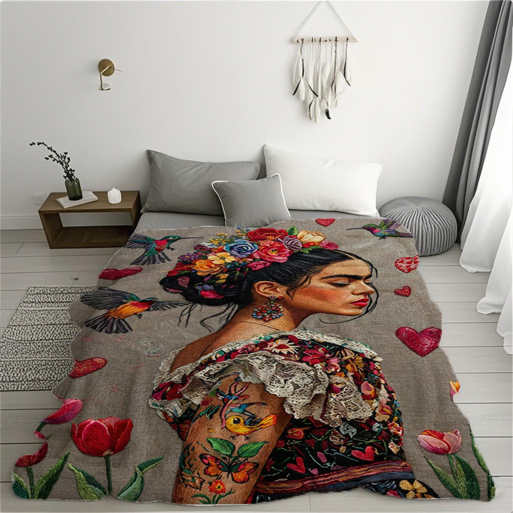 TEMU Une grande couverture en flanelle moelleuse avec un imprimé de tatouage de femmes mexicaines, pour les lits et les canapés, conçue dans un style
