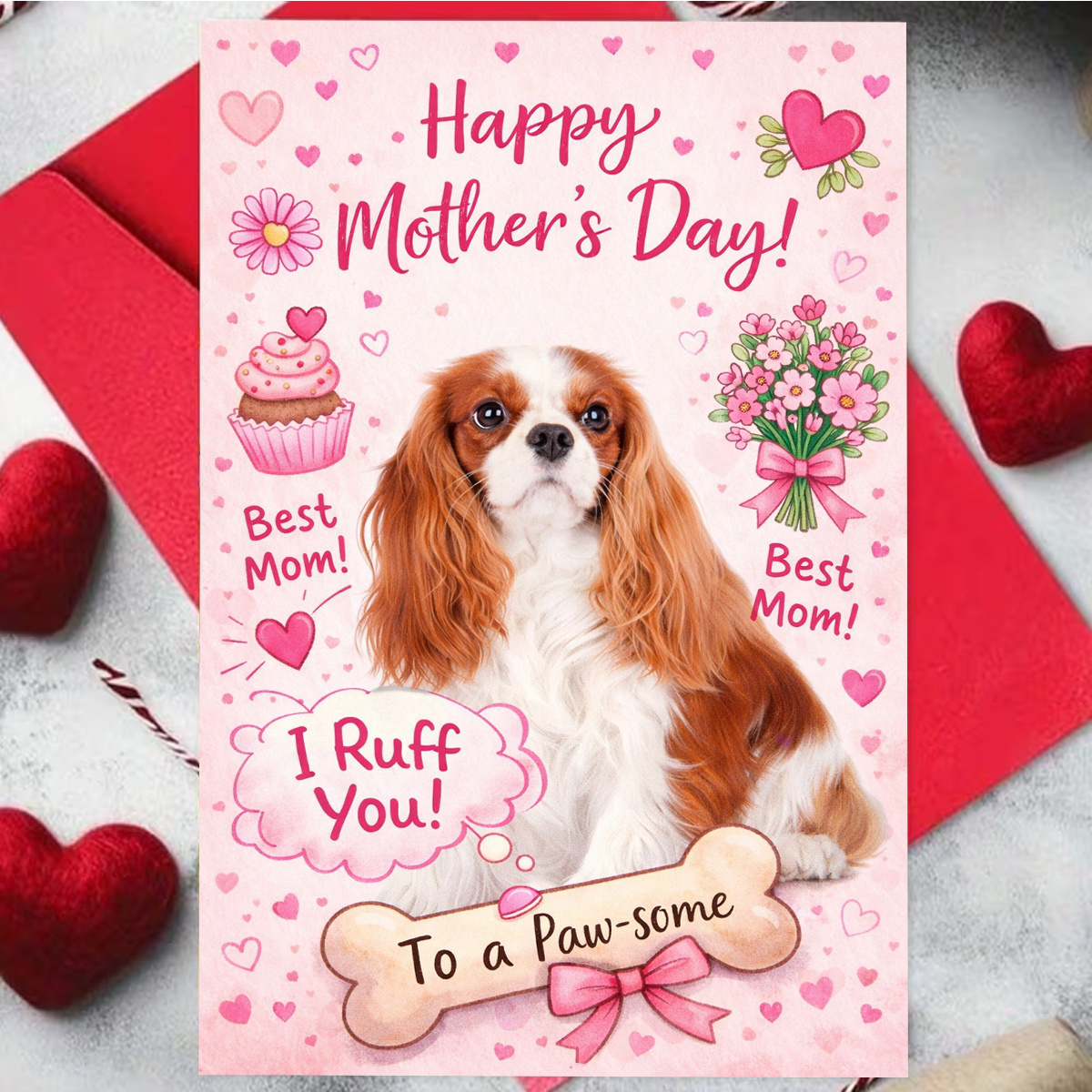 TEMU 1pc Adorable Mother's Day Greeting Card, Featuring A King Charles Spaniel With , "i Ruff You," Suitable For Pet-loving Moms, A Cute Pink-style