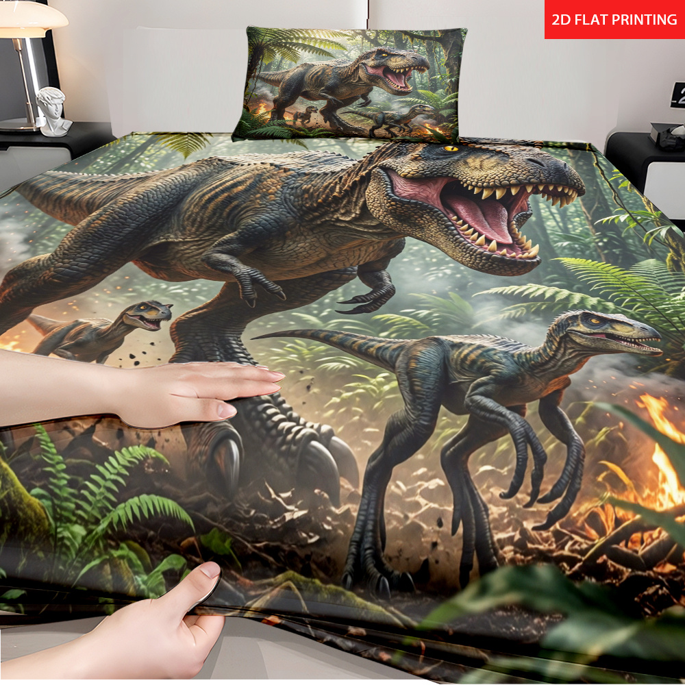 TEMU 2/3pcs Dinosaur Themed Fitted Sheet Collection (1 Fitted Sheet   1/2 Pillowcases), Jungle Design Bed Cover Collection, 2d Flat Microfiber