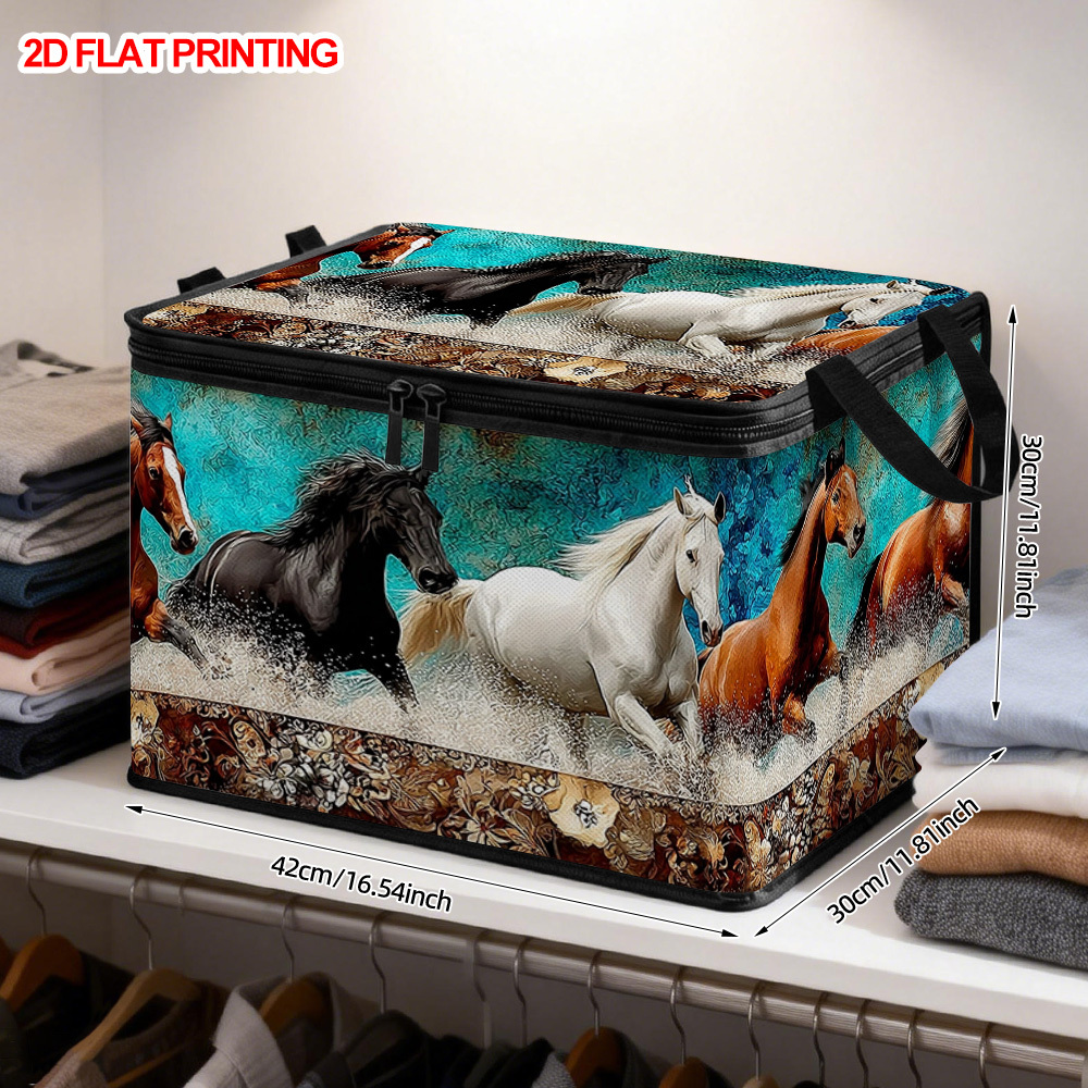 TEMU 1pc Horse Print Storage Box - Durable Polyester Fabric, Foldable Large Capacity Organizer Bin With Soft Fabric Lid, Zippered Container For