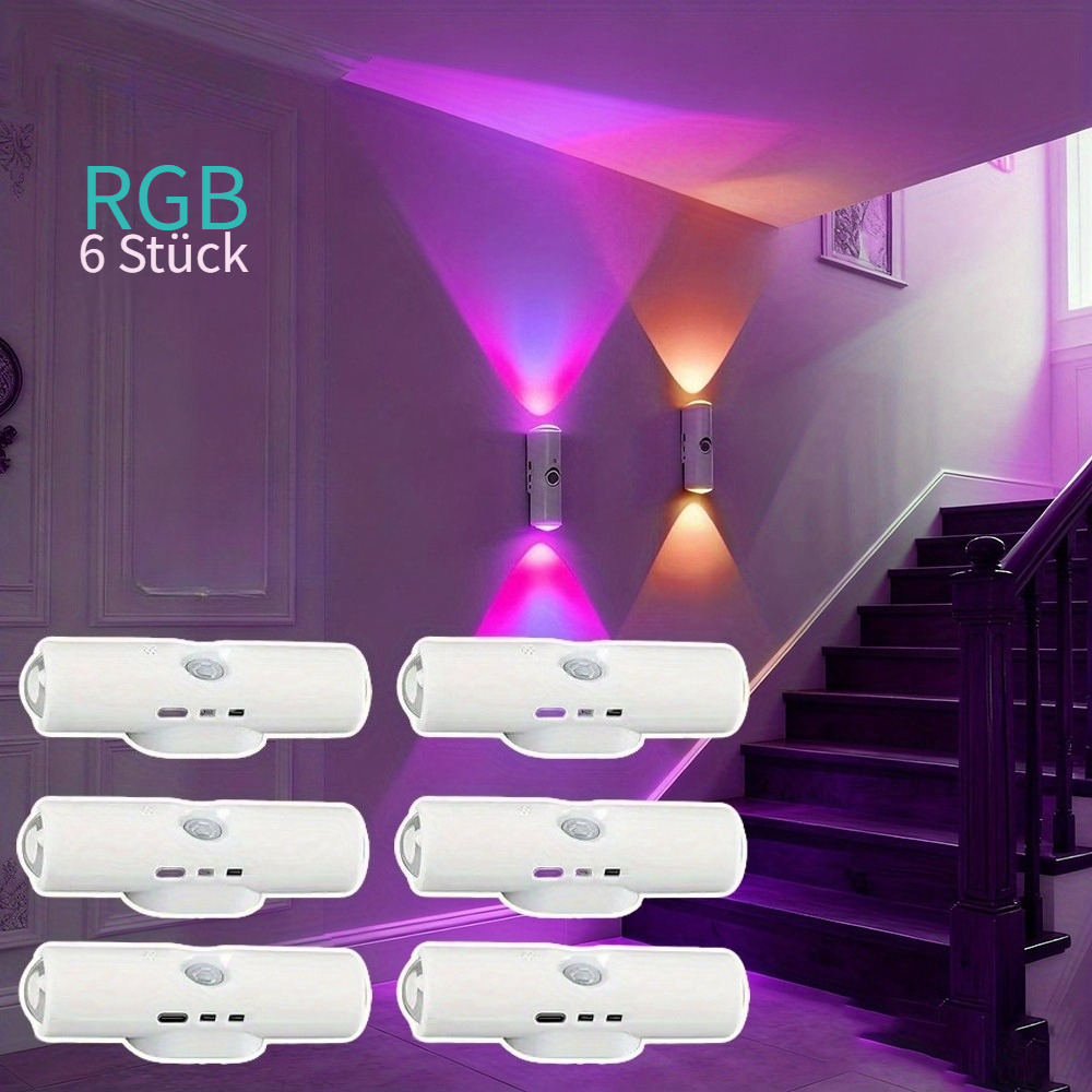 TEMU 6er-Pack LED-Innenraum-Bewegungsmelder-Leuchte, Doppelkopf-Katzenaugen-Design, 3-farbig einstellbare/RGB-Beleuchtung, USB-aufladbar, magnetische
