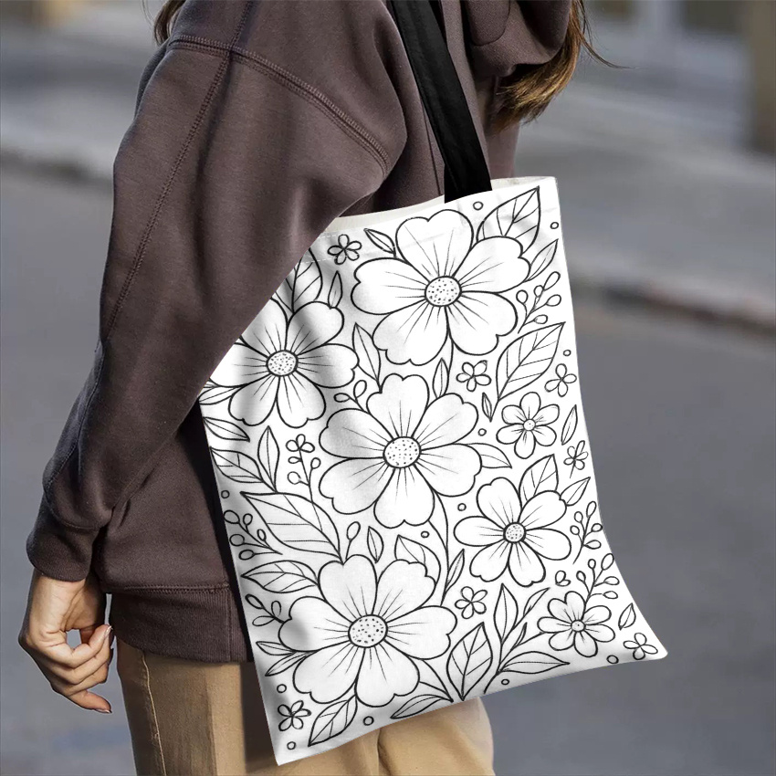 TEMU 1pc, 2d Flat, Floral Pattern Hand-drawn Line Draft, Tote Bag, Double-sided Printing, Large Capacity Stylish Minimalist Style Durable Outdoor