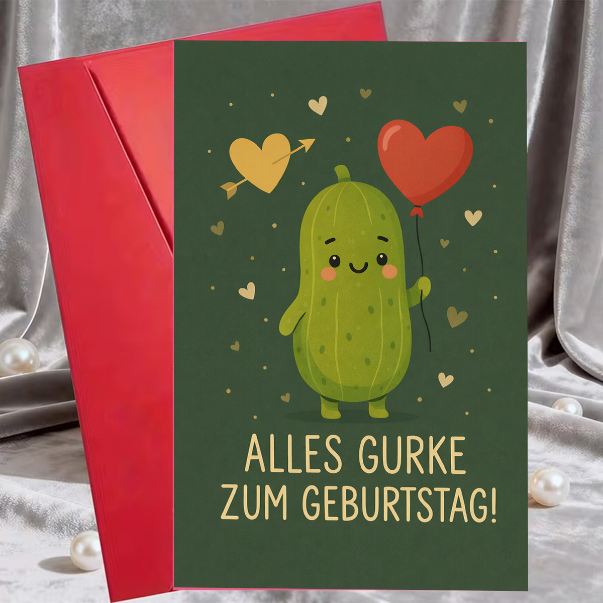 TEMU Cute Cartoon Cucumber Birthday Card, "alles Gurke Zum Geburtstag!", Featuring Background With An Adorable Cucumber Holding A And Heart. Perfect