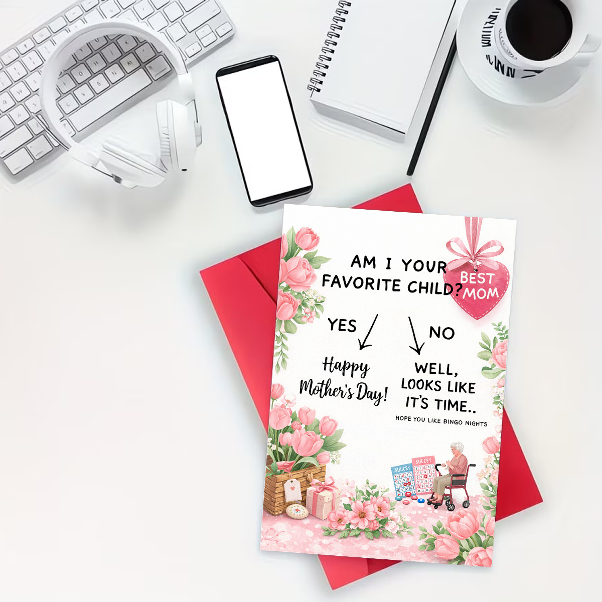 TEMU A Single Humorous Card For Mother's Day Featuring A With Gifts And A Bingo Theme That Asks, 'am I Your Child? You Enjoy Bingo Nights.' This
