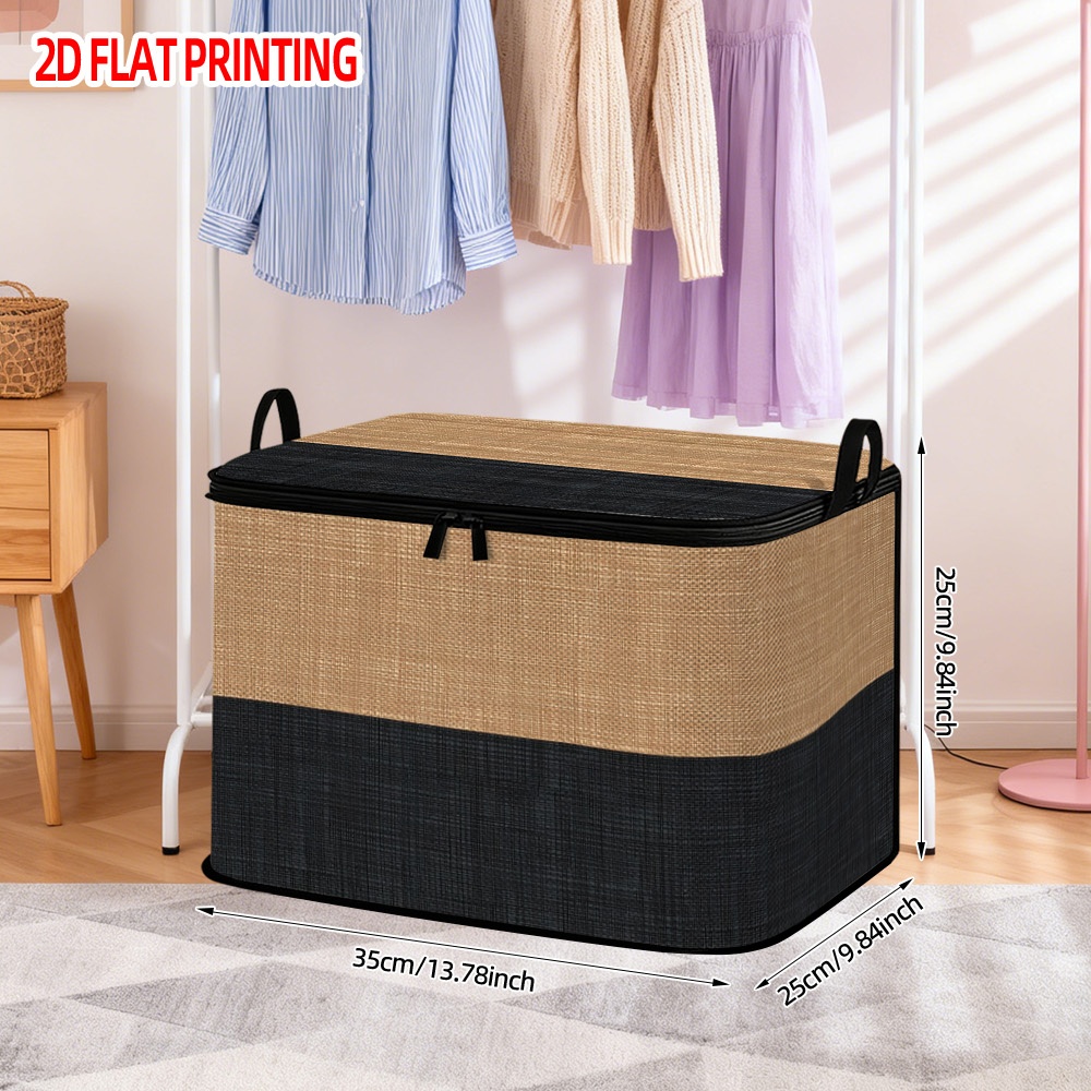 TEMU 1pc Cesta de Almacenamiento de Poliéster con Estampado de Rayas Beige y Negro | Organizador con para Lavandería, Decoración Navideña, Mantiene