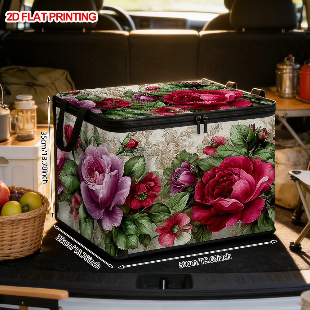 TEMU 1pc de Almacenamiento Plegable de Gran Capacidad con con Cremallera y Estampado de Rosas - Organizador de Tela de Poliéster Adecuado para Ropa,
