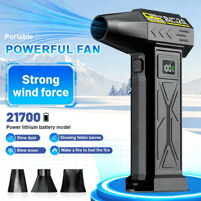 TEMU Nouveau ventilateur turbo puissant, souffleur de neige portable, batterie intégrée de 6000 mAh, 9 000 000 RPH, 5 vitesses, 3 buses de soufflage