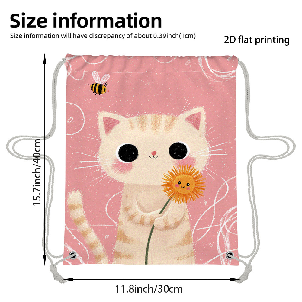TEMU 1pc 2d Flat Printed Drawstring Backpack For Cute Cat Holding , Adjustable Straps & Practical Pockets, For Travel Beach Swimming Gym Hiking, 2d