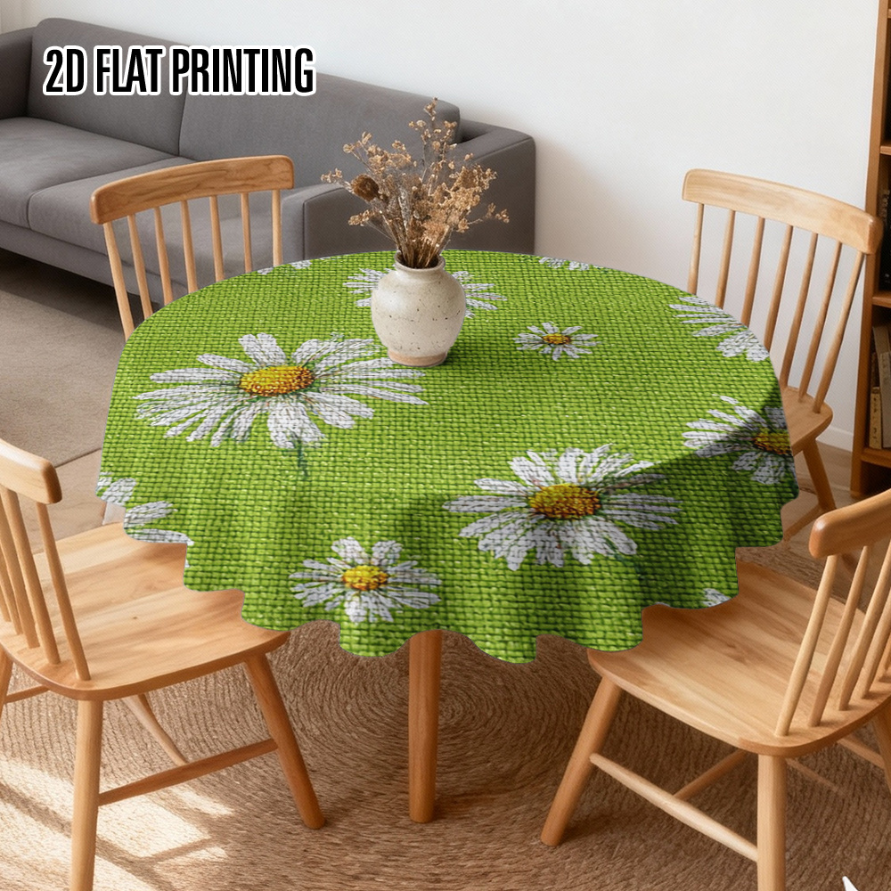 TEMU Runde Tischdecke mit 2D-Flachdesign und grünlichem Gänseblümchen-Print, geeignet für rechteckige und runde Tische, für Veranstaltungen im Innen-