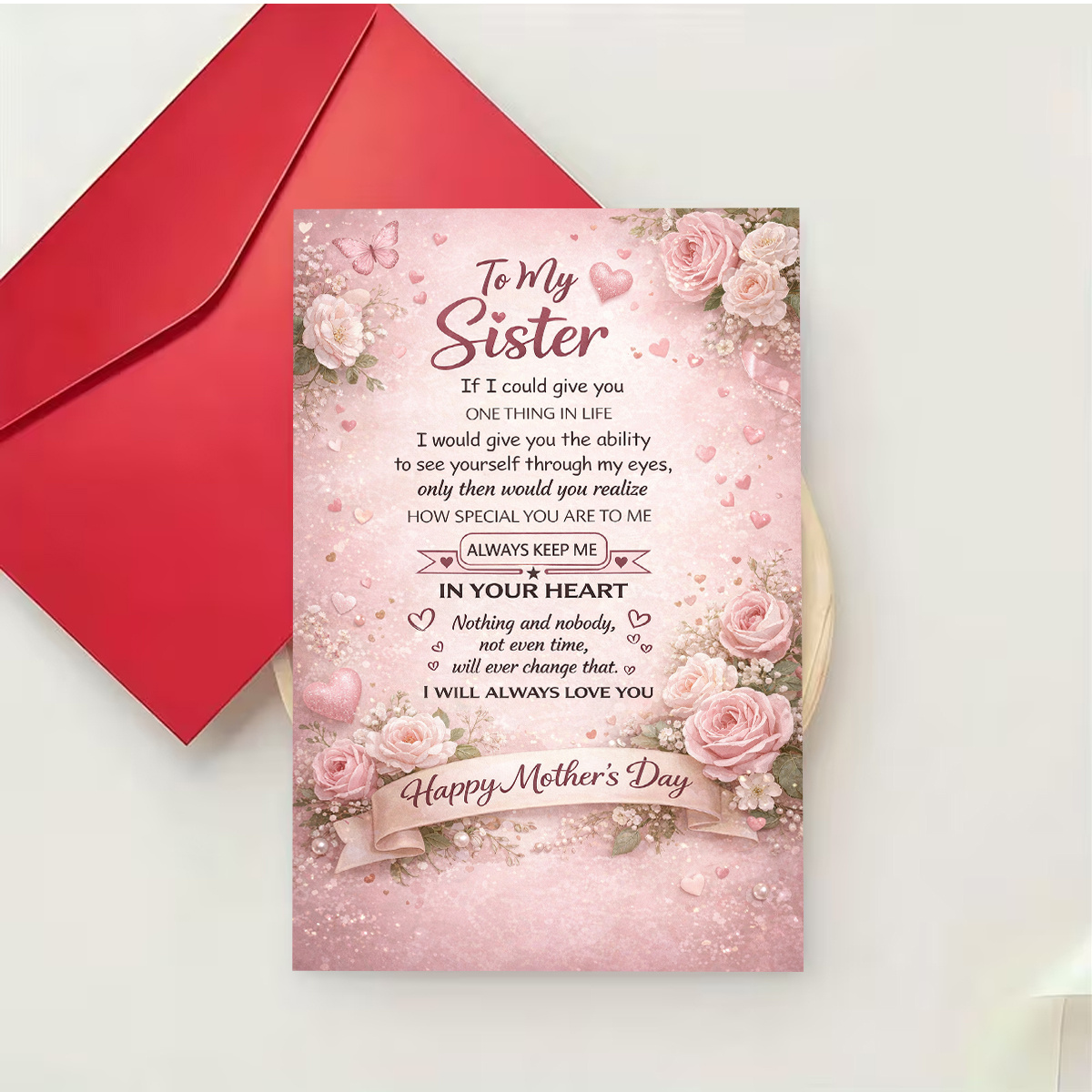 TEMU 1pc Elegant Mother' Day Greeting Card, And Hearts With To My Sister Text “ In Your Heart”, Suitable For Gifting To A Sister, Mother' Day,