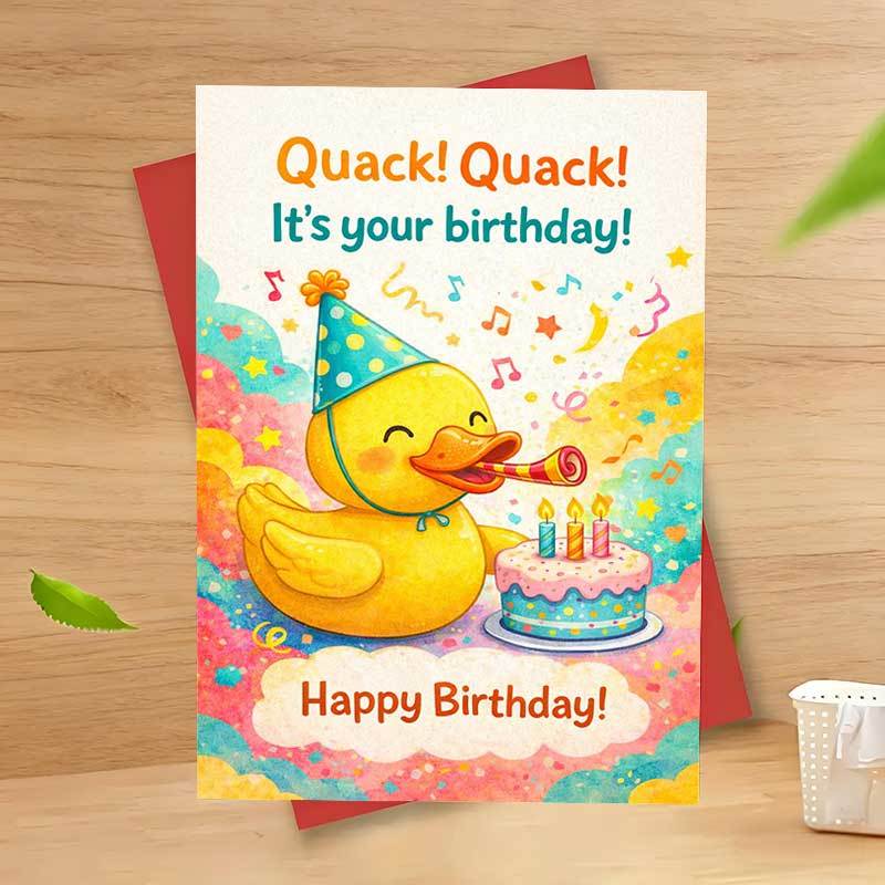 TEMU A Single Duck Birthday Card Featuring An Adorable Yellow Duck Wearing A Party Hat And Surrounded By Cake, Celebrating , Family, Or Coworkers.
