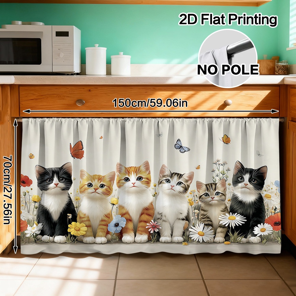 TEMU 2d Flat, Under Counter Cabinet Curtain With Kitten, Flower & Print - Semi-sheer Rod Pocket Suitable Sink Area, -free Blinds For Modern, Machine