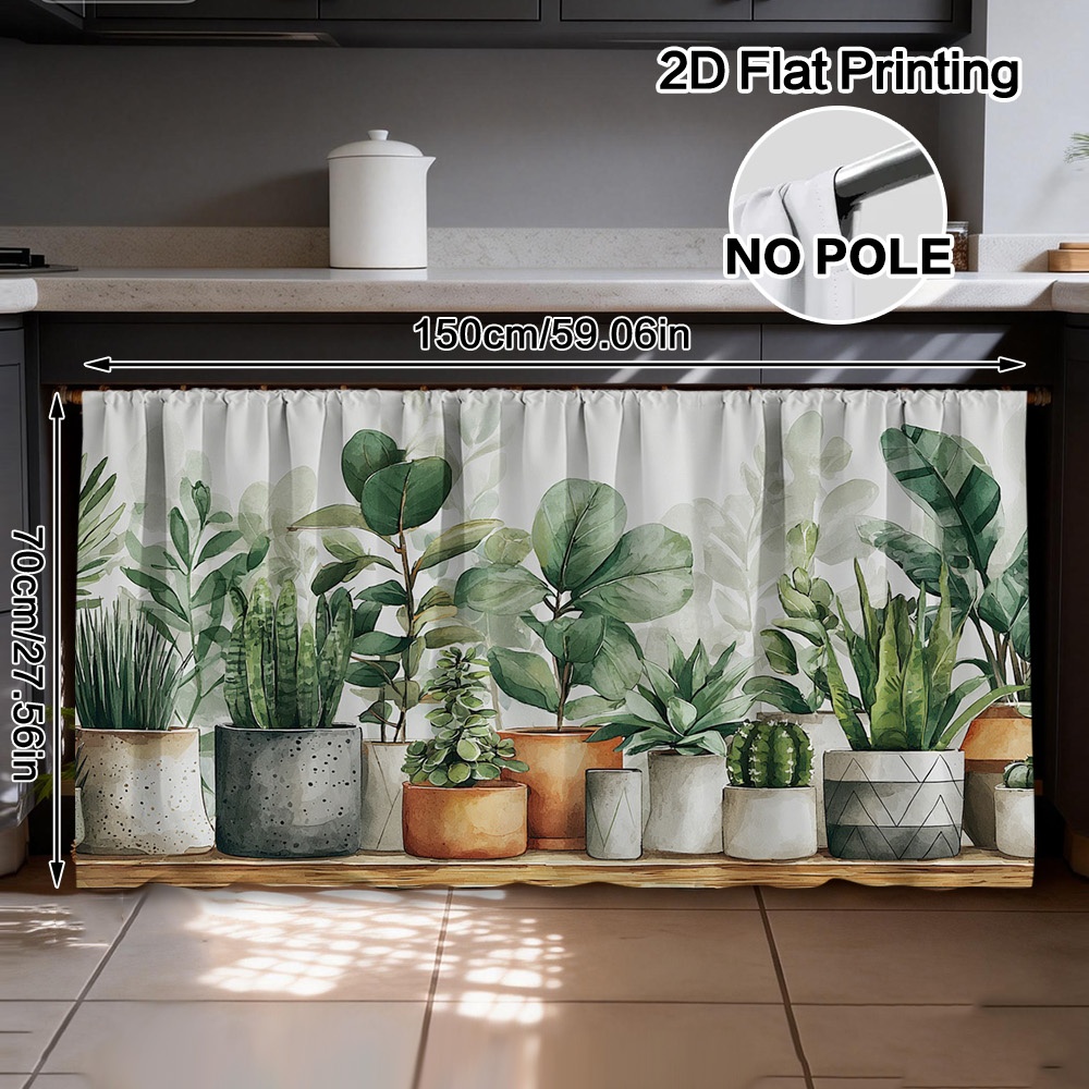 TEMU Rideau de cuisine semi-transparent moderne 2D plat avec motif de plante en pot - Panneau de fenêtre à emplacement pour tringle, convient pour