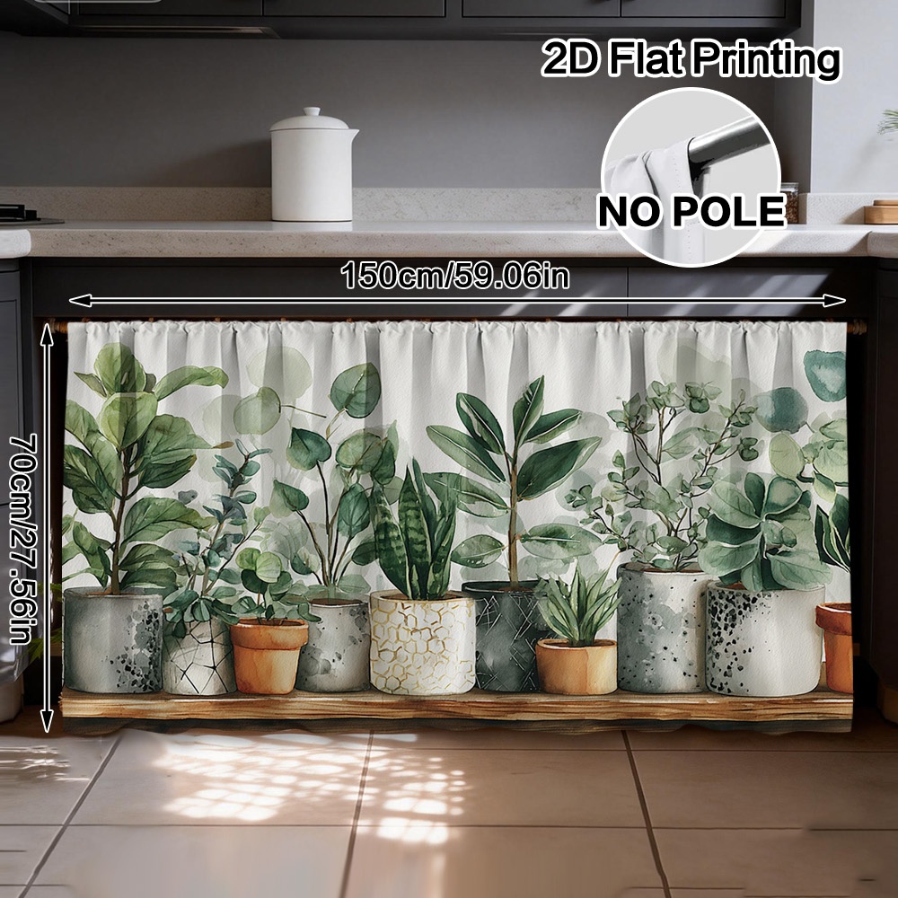TEMU 2d Flat - 2d Flat - Short Curtain For The Kitchen Featuring A 2d Flat Design With A Pattern Of Green Potted Plants, Designed For With A Rod