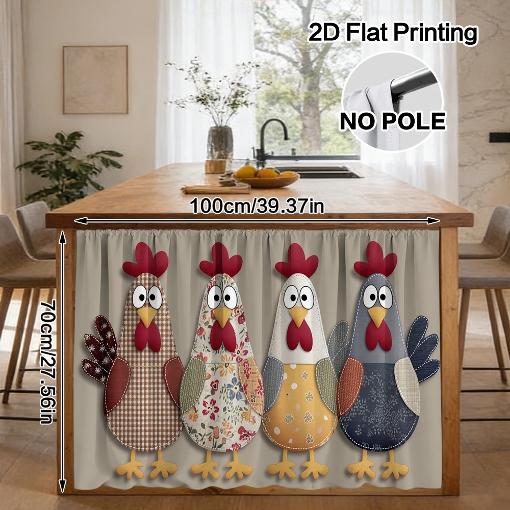 TEMU 2d Flat, 1pc 1pcs Semi-sheer Chicken Curtain Panel With Rod Pocket - Four-color Cartoon Chicken Design Suitable For Kitchen Pull-out Cabinets,