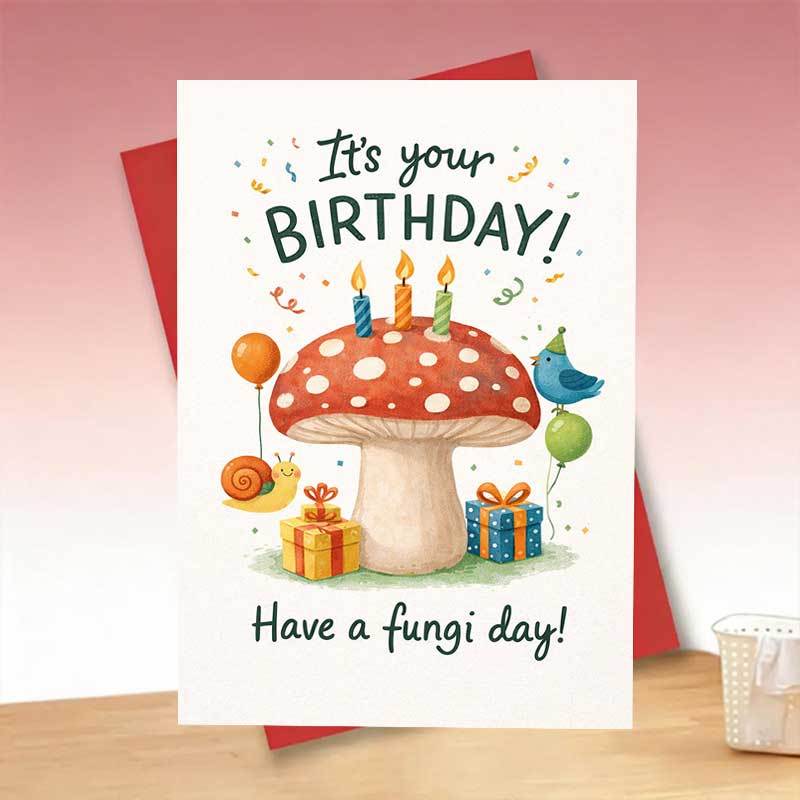 TEMU 1pc Mushroom Birthday Card Cute Pun Have A Day Whimsical Red Toadstool Candles And Gifts Fun Greeting For Friend Family Coworker Party
