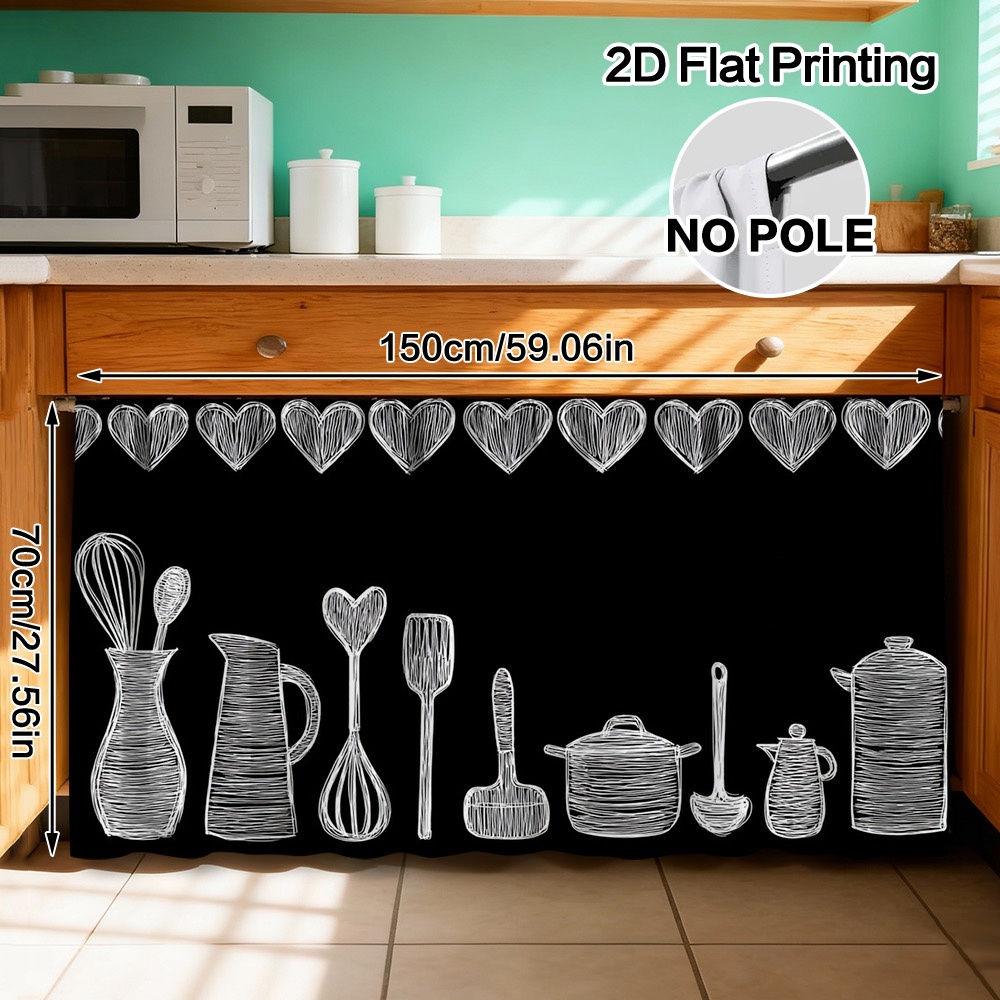 TEMU 2d Flat - 2d Flat - 2d Flat Cabinet Curtains For The Kitchen Showcase A Pattern Of Cooking Tools And Hearts. Feature A Handy Hanging Design, Are