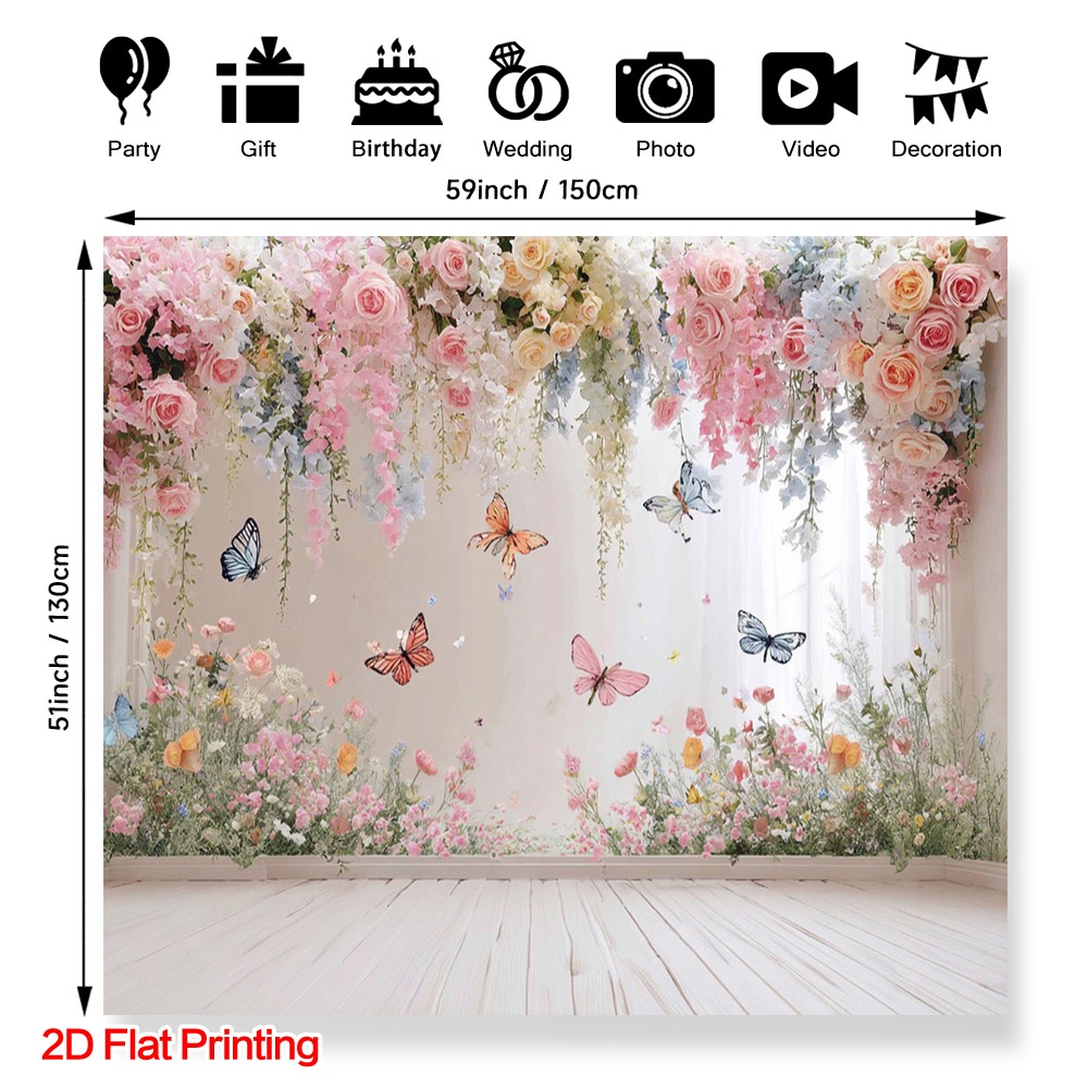 TEMU 1pc Spring Flowers And Butterflies Photography Backdrop Made From Polyester Fabric, Easy To Set Up, Studios, Homes, And Living Rooms, Great For