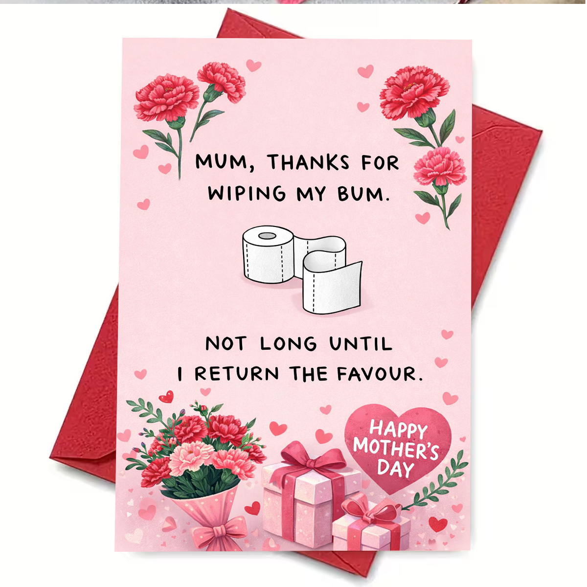 TEMU 1pc Funny Mother's Day Greeting Card, Featuring , Carnations, Gifts, And Toilet Paper. "mum, Thanks For Wiping My Bum—'t Be Long I Return The