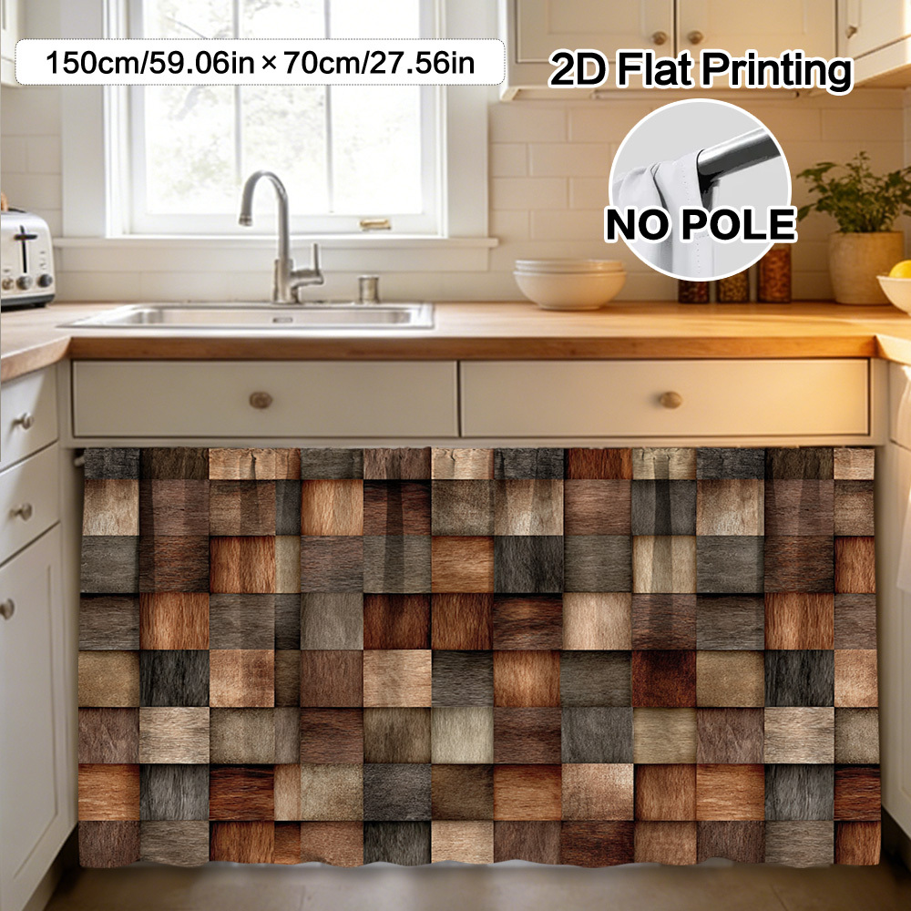 TEMU 2d Flat - 2d Flat - (2d Flat) 1pc Wooden Checkerboard Design Curtain And Cabinet Decor, For Balcony, Bedroom, Sink Area Decor, Fine Printing