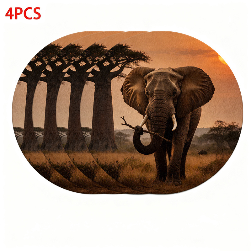 TEMU 4/6pcs Elephants At Sunset 2d Flat Printing Placemats For Dining Room, Kitchen, Or Bar, 2d Flat