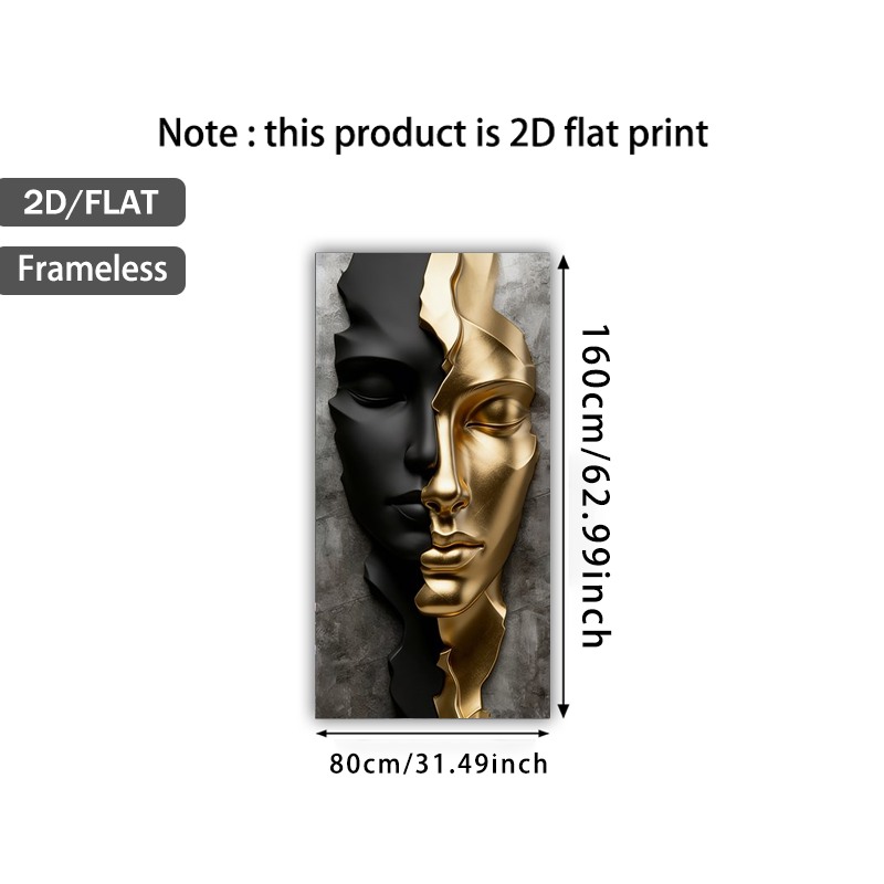 TEMU sur toile 2D plat, Art mural moderne avec un visage fendu noir et doré, mesurant 31,49 pouces par 62,99 pouces ou 80 cm par 160 cm. Ce est