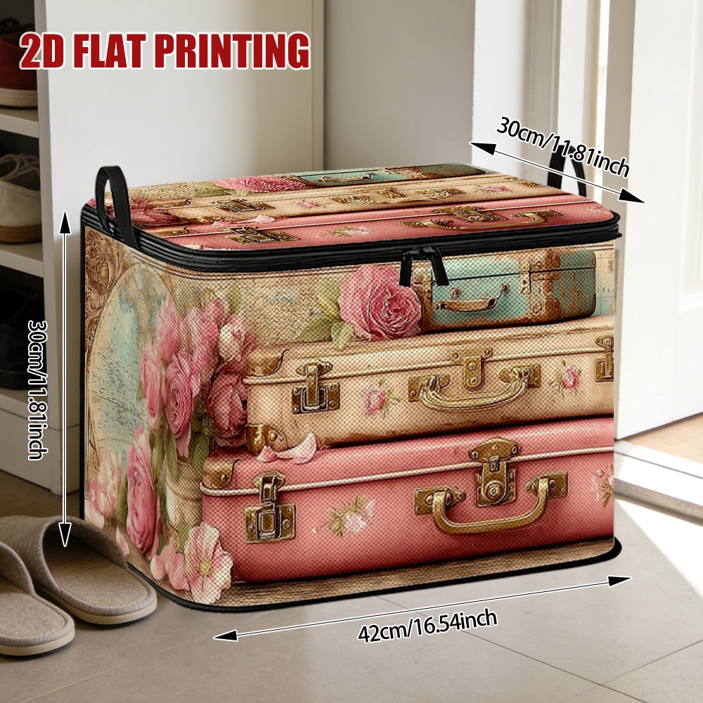 TEMU 1pc Large Foldable Zippered Storage Box, 2d Vintage Distressed Luggage Design With Pink Rose Floral Pattern, Distressed Brass Lock, Vintage Map