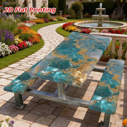 un juego de 3 mesas y bancos para picnic con mantel de cristal y dorado | poliéster , elástico completo, para camping, patios y jardines