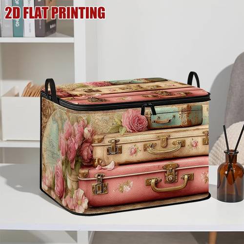 jit1pc large foldable zipper storage box personalized 2d retro old luggage flowers old retro map texture european retro leather case pattern gift element printing very suitable for travel packing