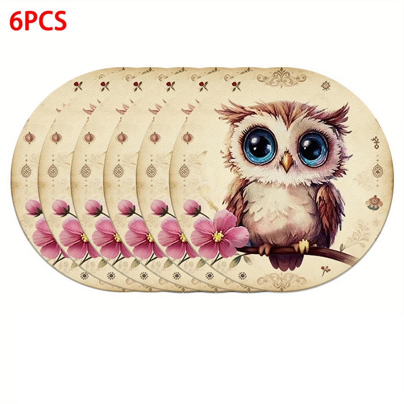 TEMU 4/6pcs Cute Owl Perched On A Flower-covered Branch 2d Print Placemats | Polyester, Round, Machine Washable, Ideal For Holiday