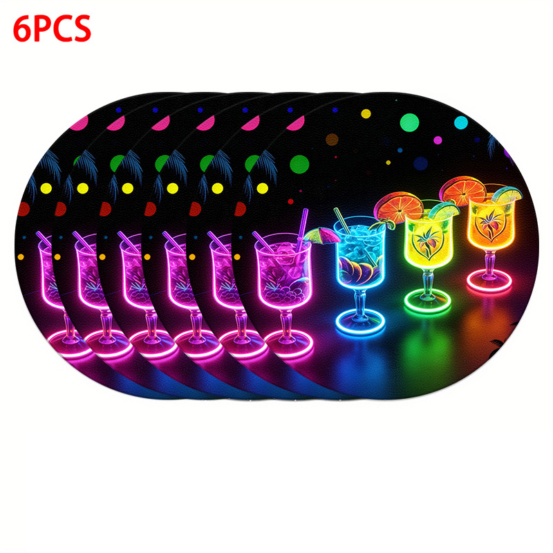 TEMU 4/6pcs Neon Cocktails And Palm Trees 2d Flat Printing Placemats | Round Polyester Dining Table Mats For Home Kitchen And Party Decor, Machine