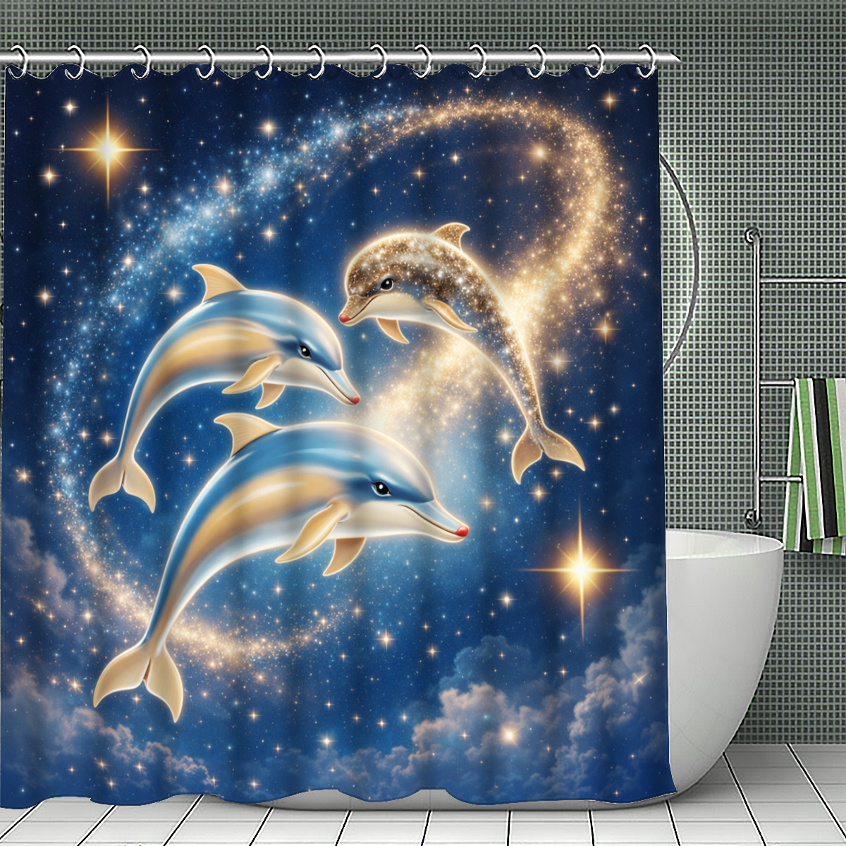 Dolphins in Starry Sky Shower Curtain with Multiple Size Options