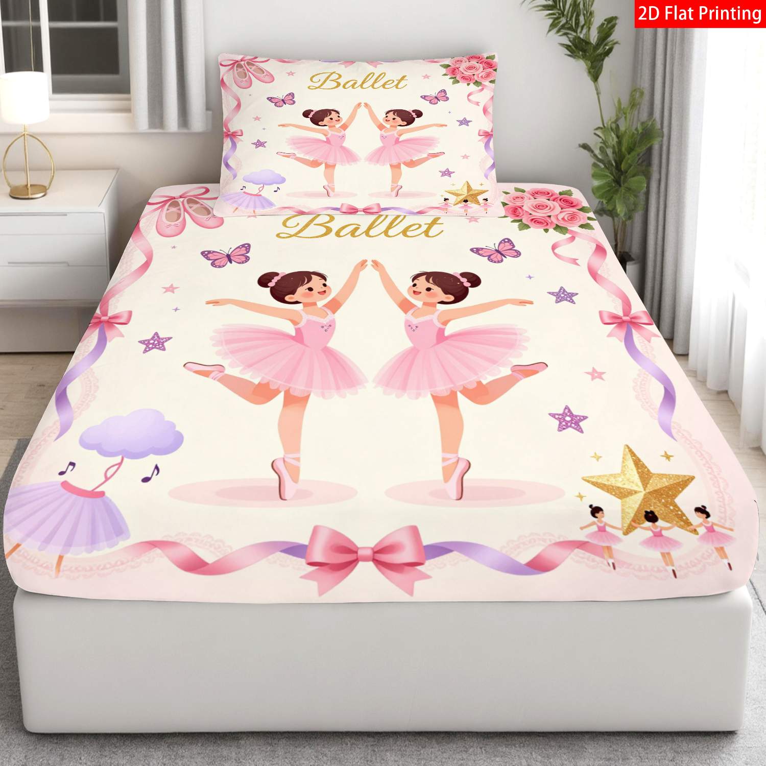 TEMU 2/3 pièces Drap Housse Imprimé Plat 2D, Thème Ballet, Couleur Rose, Impression Fille Ballerine avec "Ballet", pour Décoration de Chambre (1*Drap