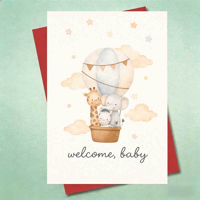 E-shop Willkommen Baby Heißluftballon Tiere Karte | Niedliches Giraffe, Elefant, Zebra Ballon Design mit Sternen und Wolken für Neugeborenen Feiern,