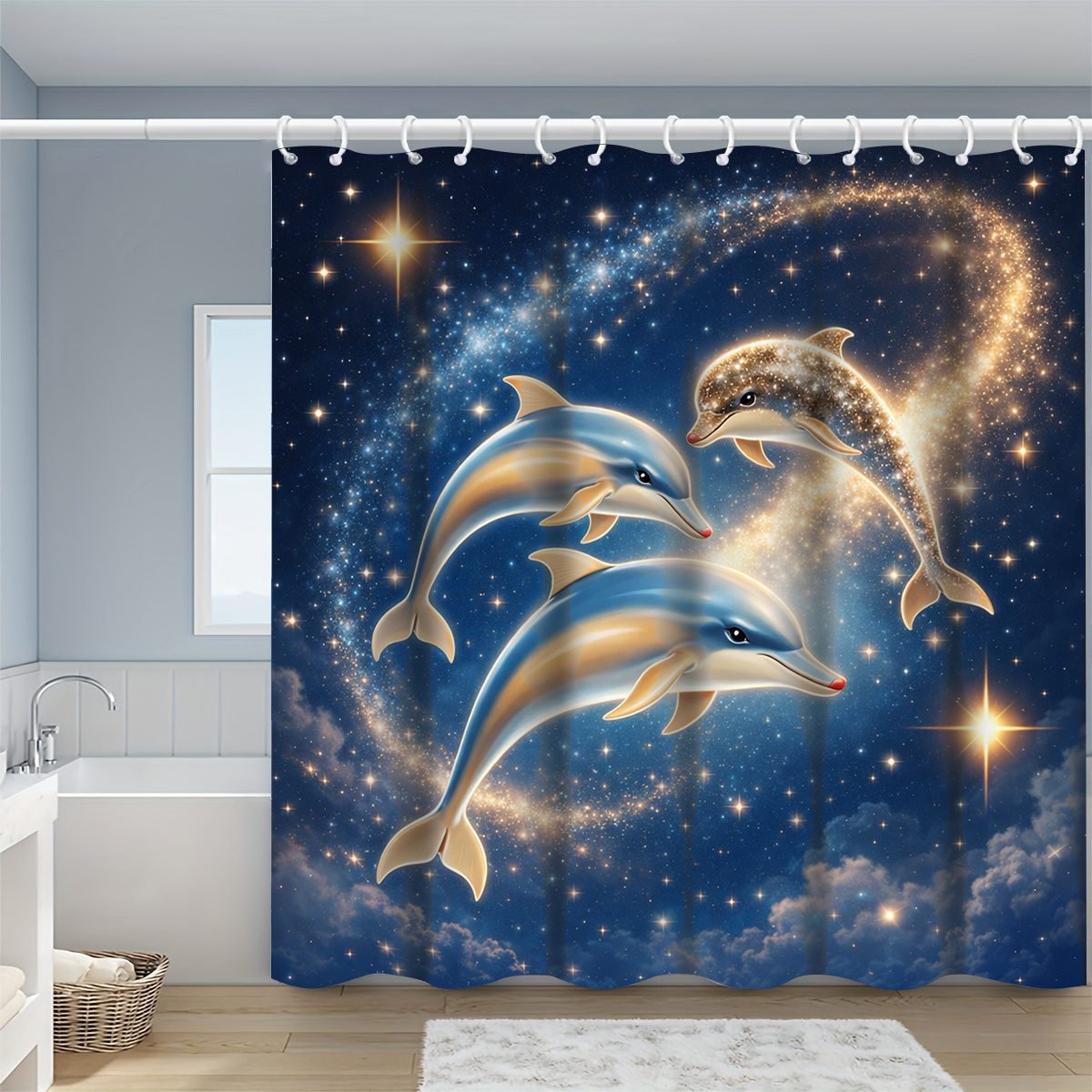 Dolphins in Starry Sky Shower Curtain with Multiple Size Options