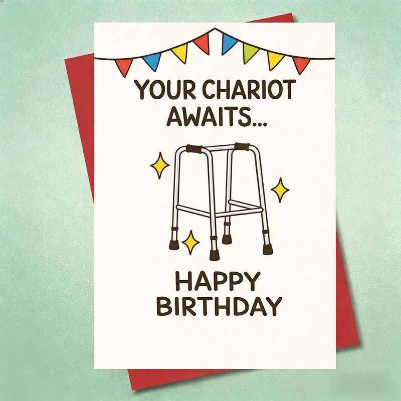 TEMU 1pc Funny Birthday Card | Greeting Card With Envelope, Humorous Illustration Of Walker And Colorful Bunting Banner, Joke Gift Idea For Birthday